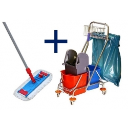 Zestaw: Kompletny mop 40cm Flipper + wózek porządkowy TOM02 z uchwytem na worek / chrom